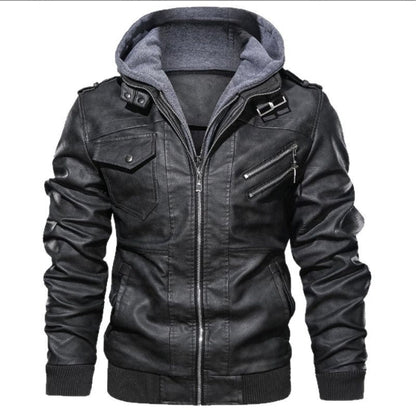 Men's Leather Jacket – Slim Fit – Hood – Zipper Closure – Ribbed Edges – Epaulettes