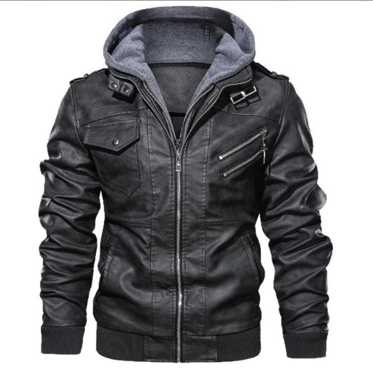 Men's Leather Jacket – Slim Fit – Hood – Zipper Closure – Ribbed Edges – Epaulettes