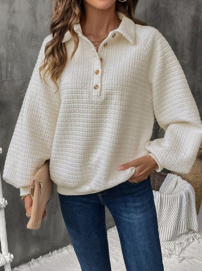 Women's Sweatshirt – Oversized Fit – Textured Grid Knit – Half Placket – Casual Style