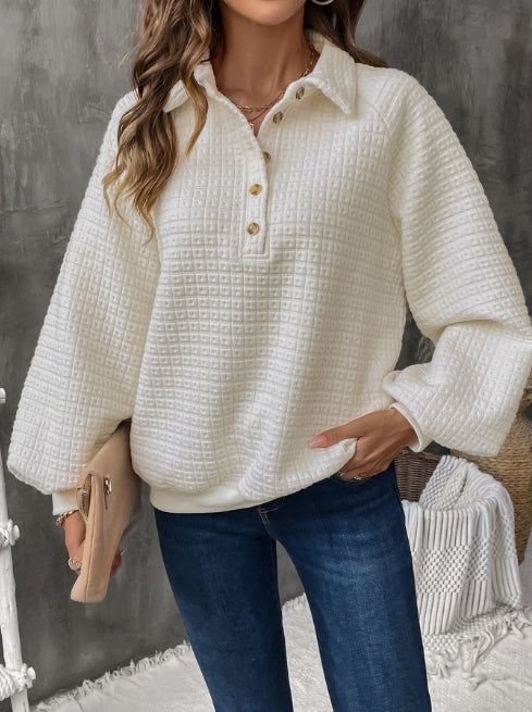 Women's Sweatshirt – Oversized Fit – Textured Grid Knit – Half Placket – Casual Style