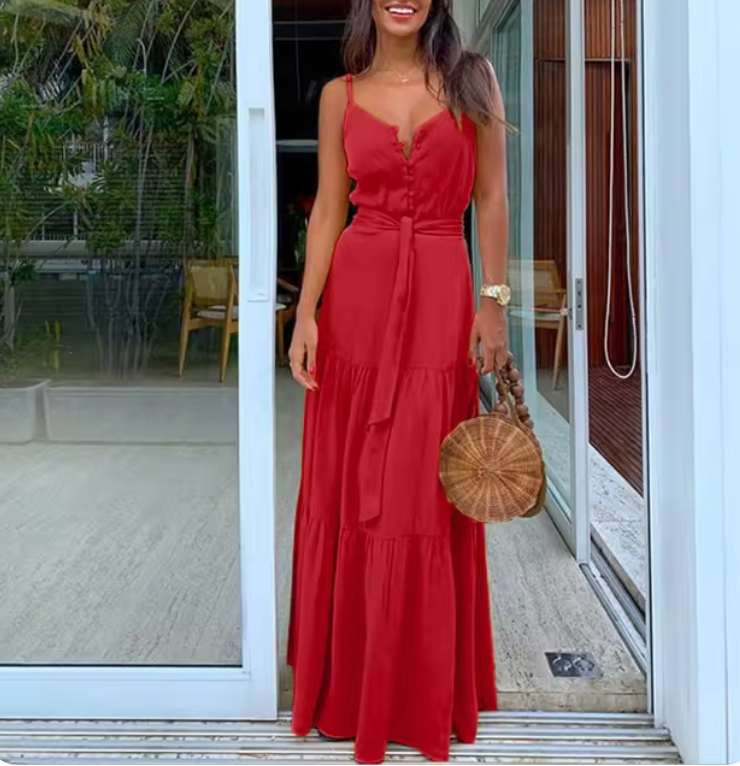 Women's Maxi Dress - Lightweight Fabric - A-Line Cut - V-Neck with Straps - Button Details