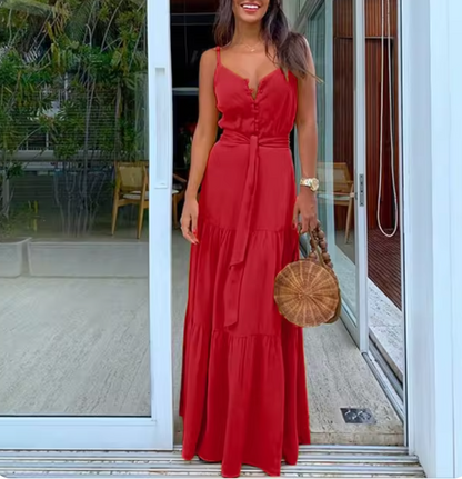 Women's Maxi Dress - Lightweight Fabric - A-Line Cut - V-Neck with Straps - Button Details