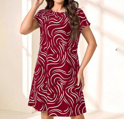 Women's Dress - A-line Fit - Short Sleeved - Round Neck - Abstract Pattern - Casual Style