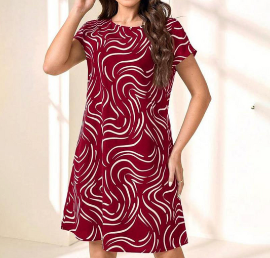 Women's Dress - A-line Fit - Short Sleeved - Round Neck - Abstract Pattern - Casual Style