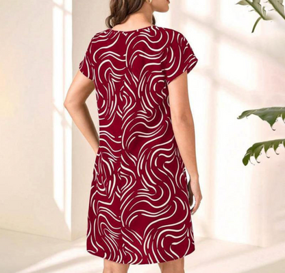Women's Dress - A-line Fit - Short Sleeved - Round Neck - Abstract Pattern - Casual Style