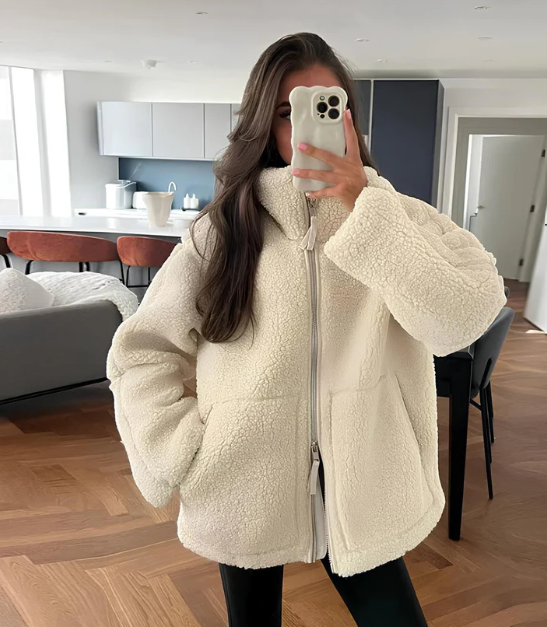 Women’s Coat - Fleece - Oversized Fit - High Collar - Hip Length - Zipper Closure