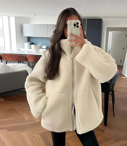 Women’s Coat - Fleece - Oversized Fit - High Collar - Hip Length - Zipper Closure