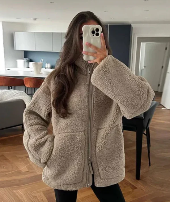 Women’s Coat - Fleece - Oversized Fit - High Collar - Hip Length - Zipper Closure