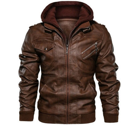 Men's Leather Jacket – Slim Fit – Hood – Zipper Closure – Ribbed Edges – Epaulettes