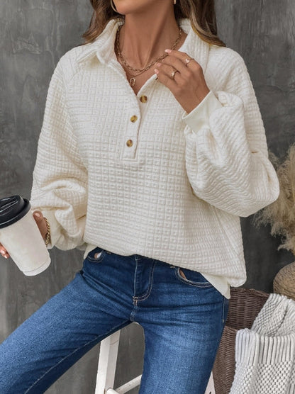 Women's Sweatshirt – Oversized Fit – Textured Grid Knit – Half Placket – Casual Style