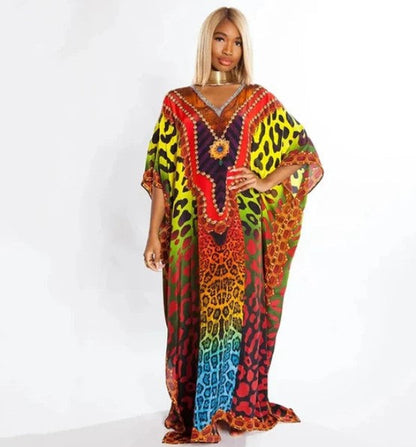 Dame Kaftan - Letvægtsstof - Løs Pasform - V-hals - Mønstret Lang Design