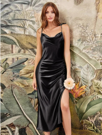 Women's Maxi Dress - Satin - Cowl Neck - Spaghetti Straps - Elegant Party Dress