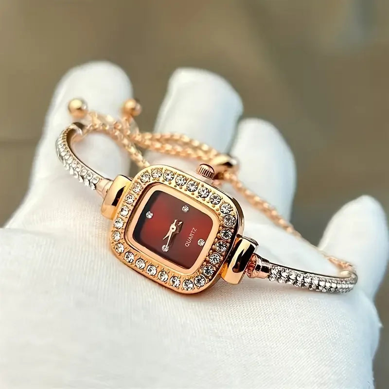 Isla Rhinestone Embellished Square Face Wristwatch | Adjustable Fit Bracelet Style Band Wristwatch