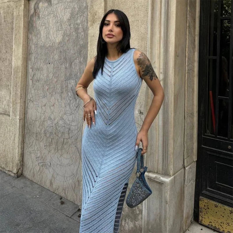 Women's Long Dress - Ribbed Mesh Design - Tailored Fit - Long Sleeves