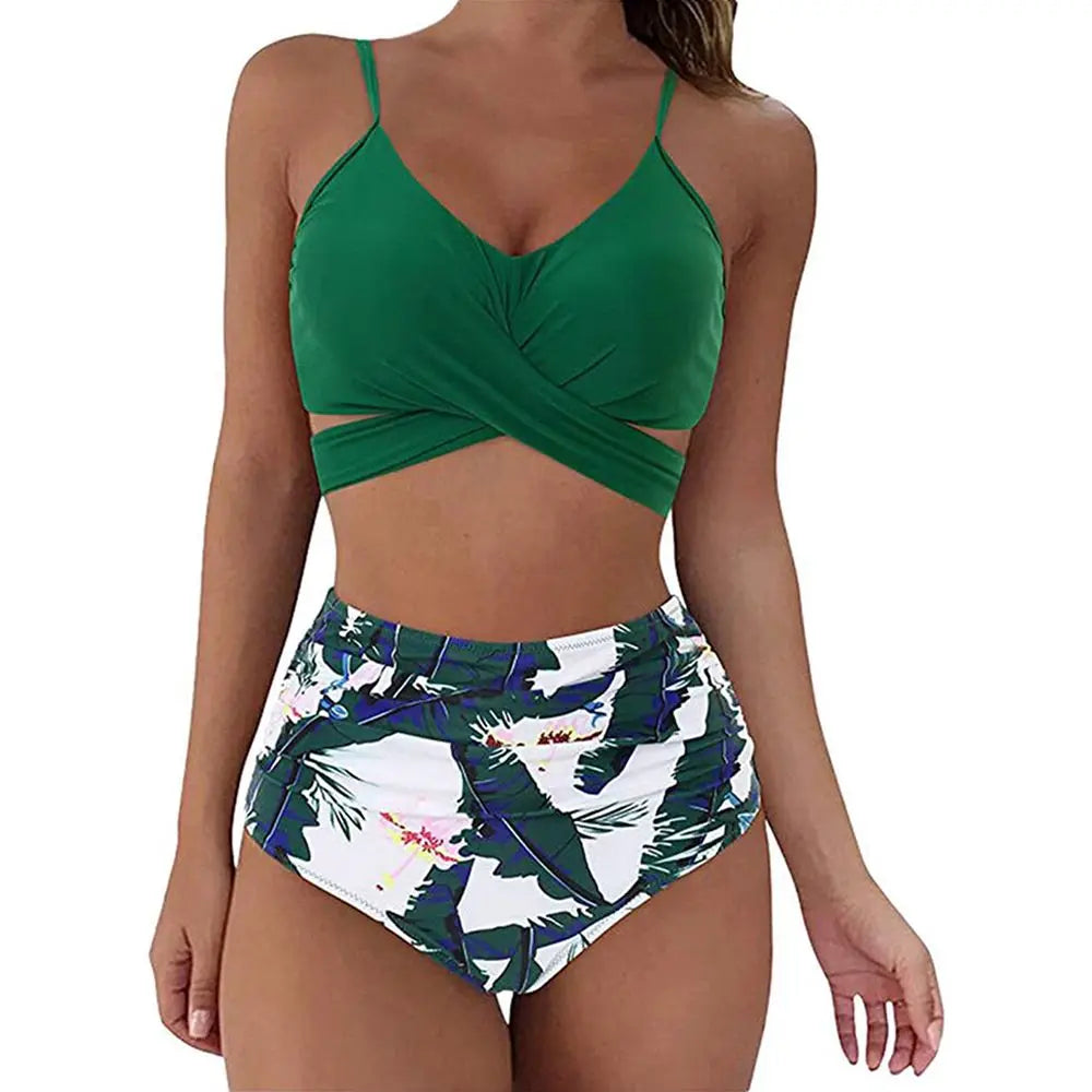 Women's Bikini Set – Slim Fit Cross-Front Top – High-Waisted Ruched Bottoms