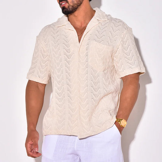 Men's Knit Shirt – Relaxed Fit – Chevron Jacquard – Short Sleeve Pocket