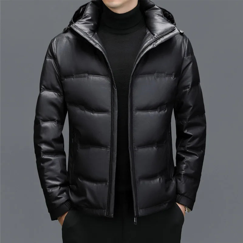 Luca Leather Hooded Puffer Jacket | Quilted Zipper Closure Jacket