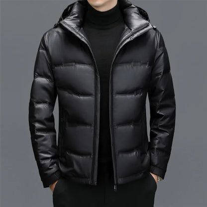 Luca Leather Hooded Puffer Jacket | Quilted Zipper Closure Jacket