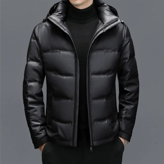 Luca Leather Hooded Puffer Jacket | Quilted Zipper Closure Jacket