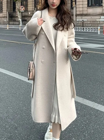 Women's Long Coat – Oversized Fit – Double Breasted – Belted Waist – Wool Look