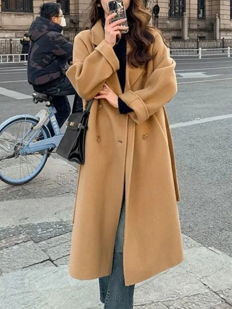 Women's Long Coat – Oversized Fit – Double Breasted – Belted Waist – Wool Look