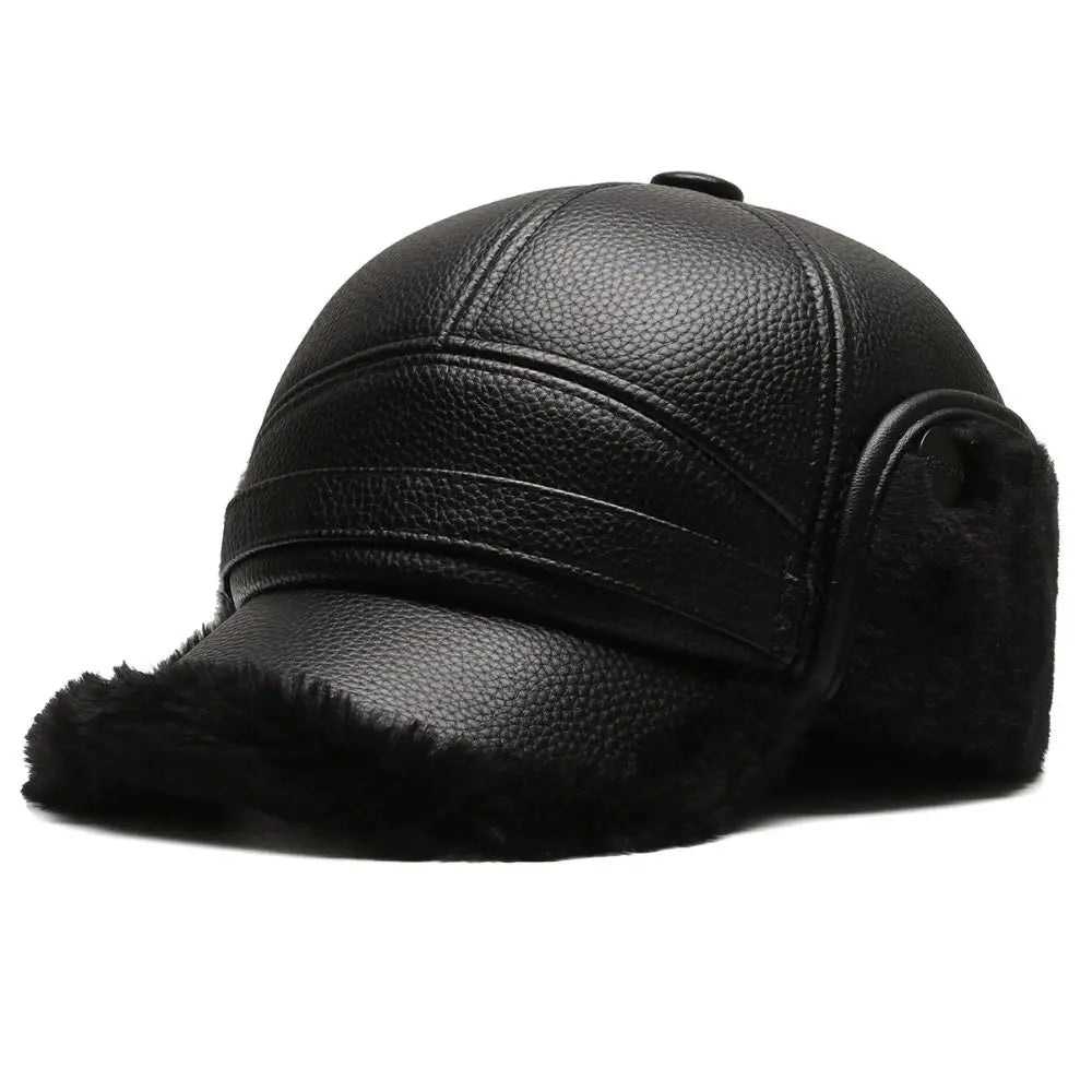 Harrison Faux Leather Structured Baseball Cap | Ear Flaps Fleece Trim Baseball Cap