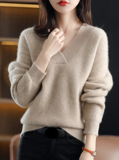 Women's Pullover Sweater – Soft Knit – V-Neck – Relaxed Fit – Ribbed Edges