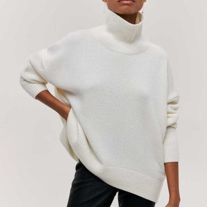 Dame Rullekrave Sweater - Oversized Pasform - Blød Strik - Korte Ærmer