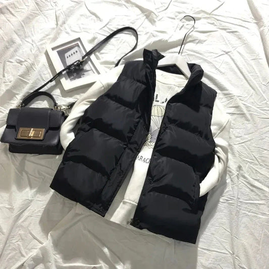 Women’s Vest - Quilted Woven - Sleeveless - Stand-Up Collar - Hip Length