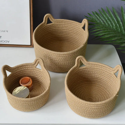 Minimalist Woven Cotton Storage Basket with Cat Ear Handles