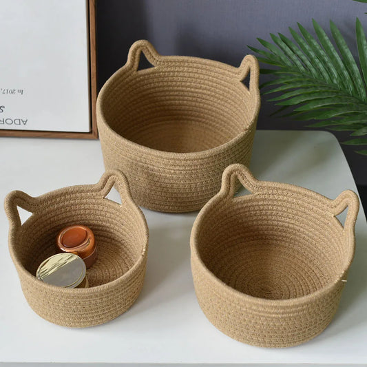 Minimalist Woven Cotton Storage Basket with Cat Ear Handles