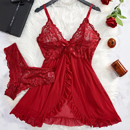Women's Nightgown Set – Lace V-Neck – Adjustable Straps – Ruched Slim Fit – Ruched Hem