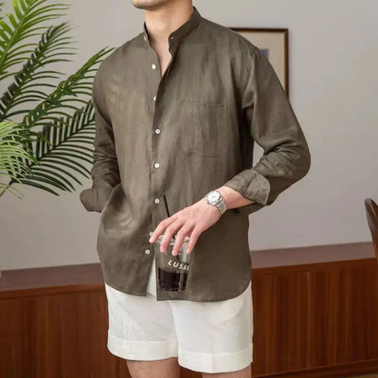 Men's Shirt – Relaxed Fit – Linen – Mandarin Collar – Long Sleeves – Button Closure