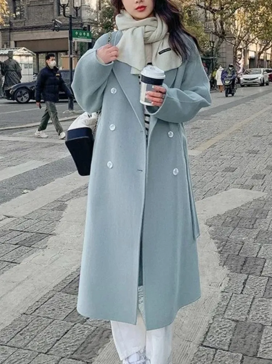 Women's Long Coat – Oversized Fit – Double Breasted – Belted Waist – Wool Look