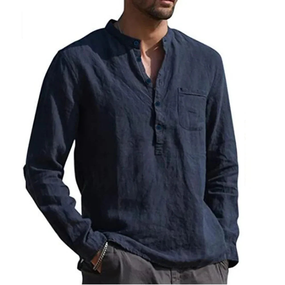 Men's Shirt with Long Sleeves – Relaxed Fit – Natural Fibers – Stand Collar
