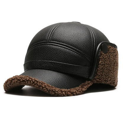 Harrison Faux Leather Structured Baseball Cap | Ear Flaps Fleece Trim Baseball Cap
