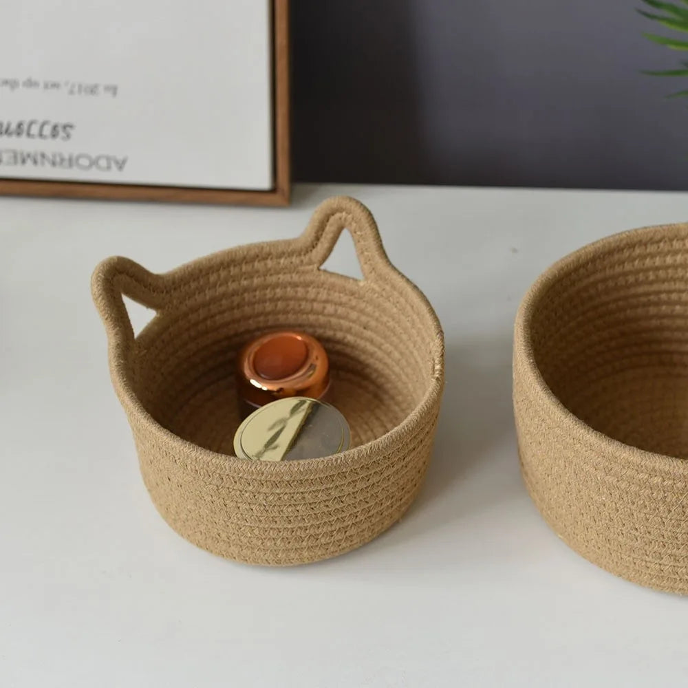 Minimalist Woven Cotton Storage Basket with Cat Ear Handles
