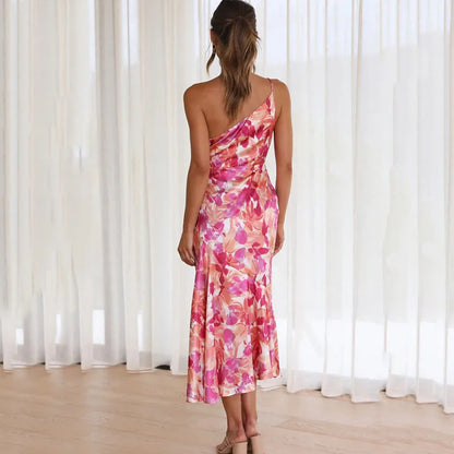 Dress for Women – Slim Fit – Draped Cut – Single Shoulder – Glossy Luxury Fabric – Midi Length