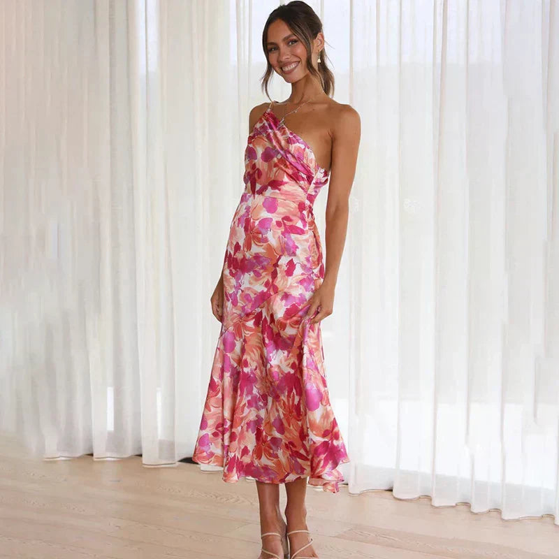 Dress for Women – Slim Fit – Draped Cut – Single Shoulder – Glossy Luxury Fabric – Midi Length