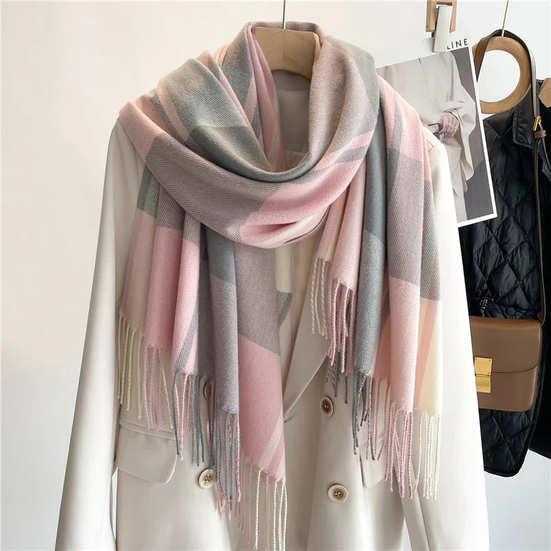 Aurora Wool-Blend Oversized Scarf | Check Fringed Scarf
