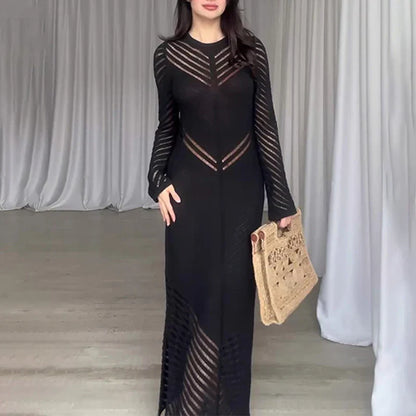 Women's Long Dress - Ribbed Mesh Design - Tailored Fit - Long Sleeves