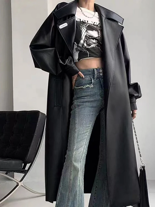 Women's Long Coat – Tailored Fit – Faux Leather – Classic Lapel – Ankle Length