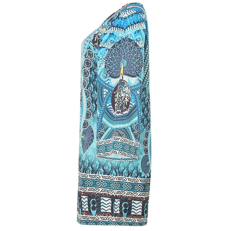 Women's Tunic Dress – Lightweight Fabric – V-Neck – Bohemian Pattern – Long Sleeves