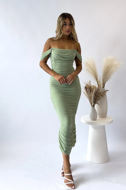 Dame Maxi Kjole - Off Shoulder - Draperede Ærmer - Figursyet Strækbar Festkjole