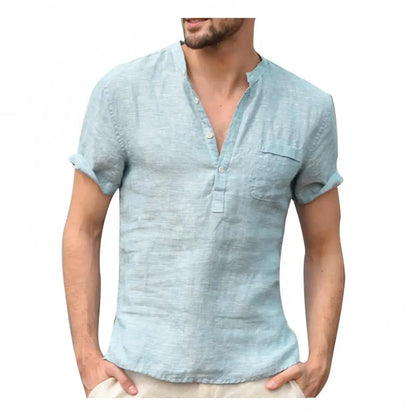 Men's T-shirt – Relaxed Fit – Linen Blend – Button Closure – Chest Pocket