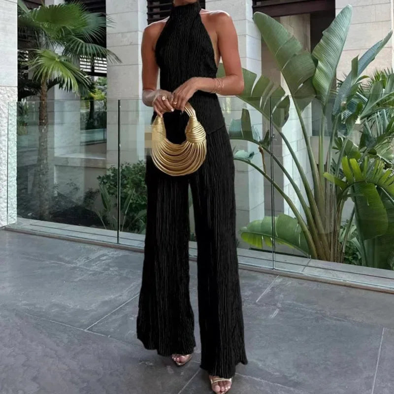 Women's Jumpsuit – Slim Fit – Backless Halterneck – Wide Legs – Breathable Lightweight Fabric