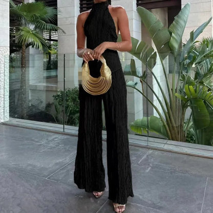 Women's Jumpsuit – Slim Fit – Backless Halterneck – Wide Legs – Breathable Lightweight Fabric
