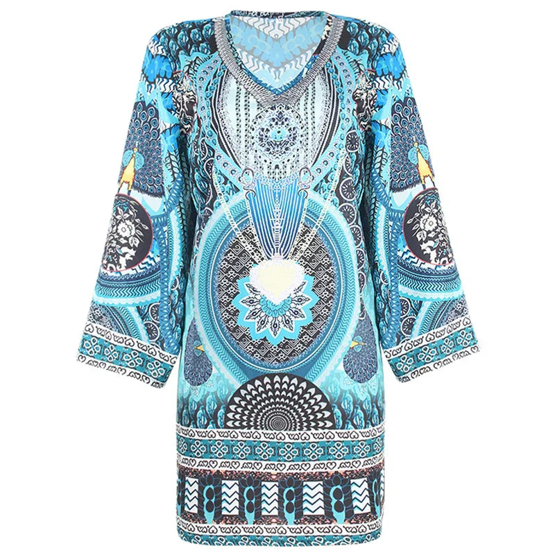 Women's Tunic Dress – Lightweight Fabric – V-Neck – Bohemian Pattern – Long Sleeves