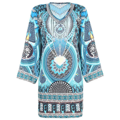 Women's Tunic Dress – Lightweight Fabric – V-Neck – Bohemian Pattern – Long Sleeves