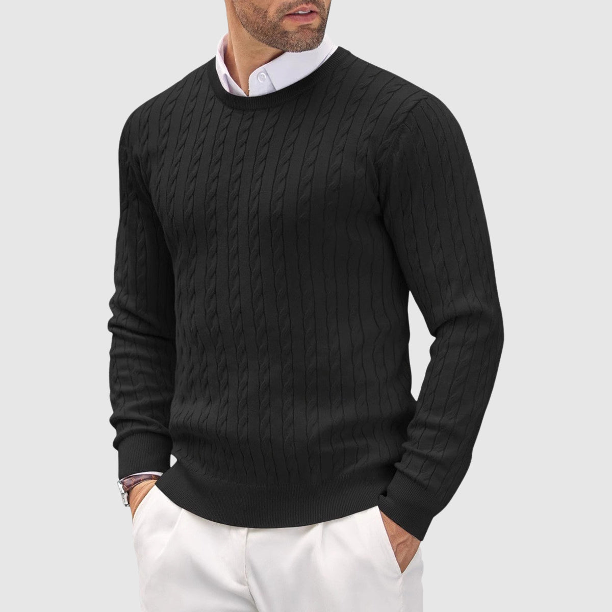 Leo Slim Fit Crewneck Sweater | Cable Knit Ribbed Cuffs Sweater